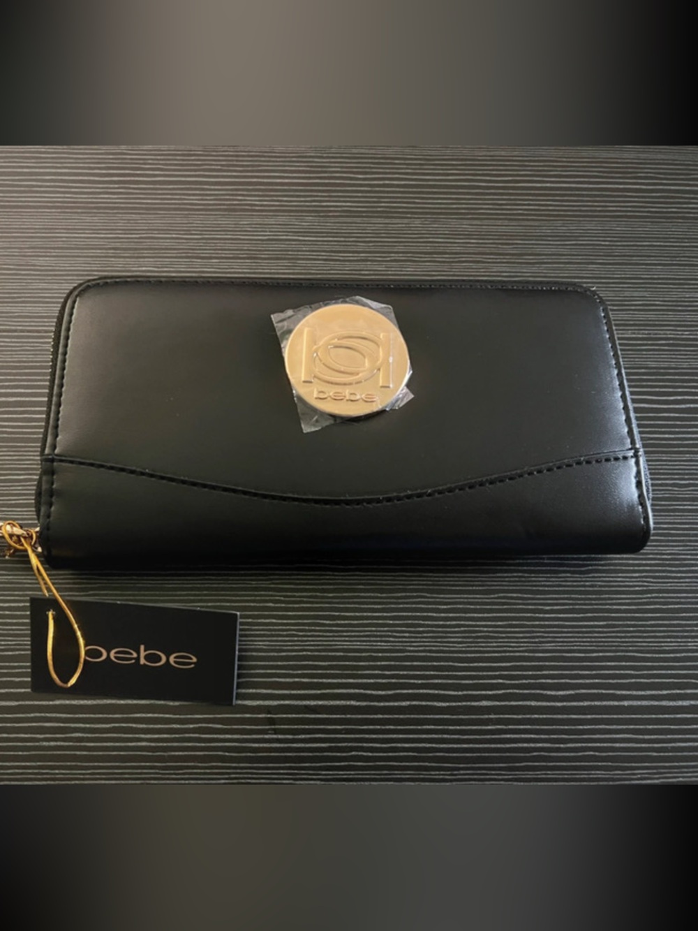 Bebe Black Zip Wallet with Gold Accent Medallion